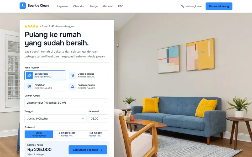 Tampilan halaman utama Sparkle Clean