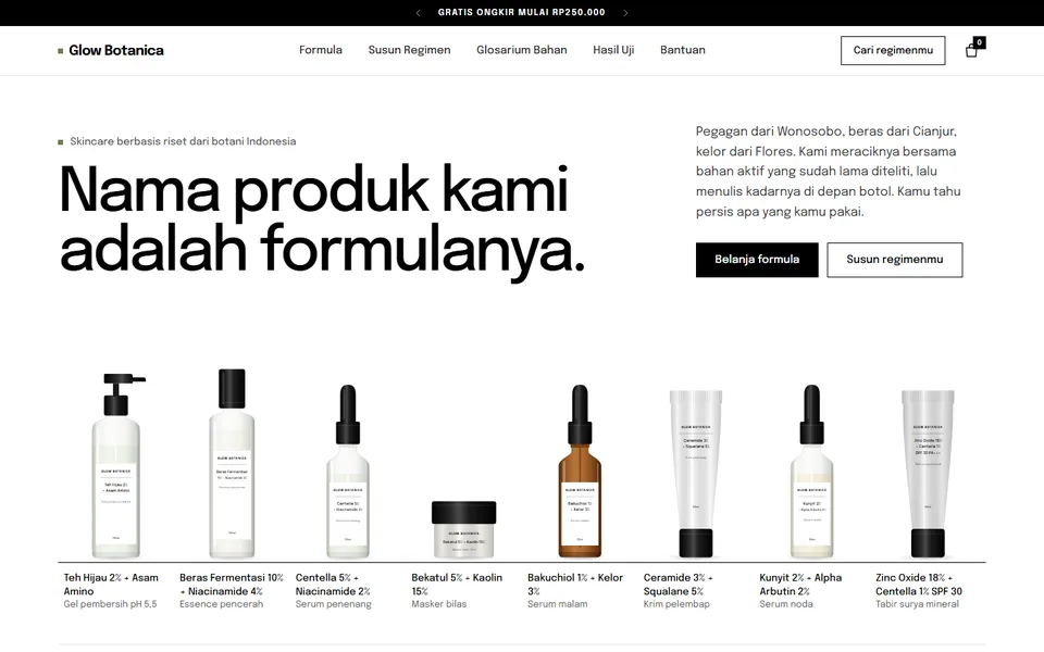 Tampilan halaman utama Glow Botanica